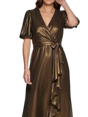 NWT DKNY Women's Foil Chiffon Ruffle Skirt V-Neck Dress Size 8